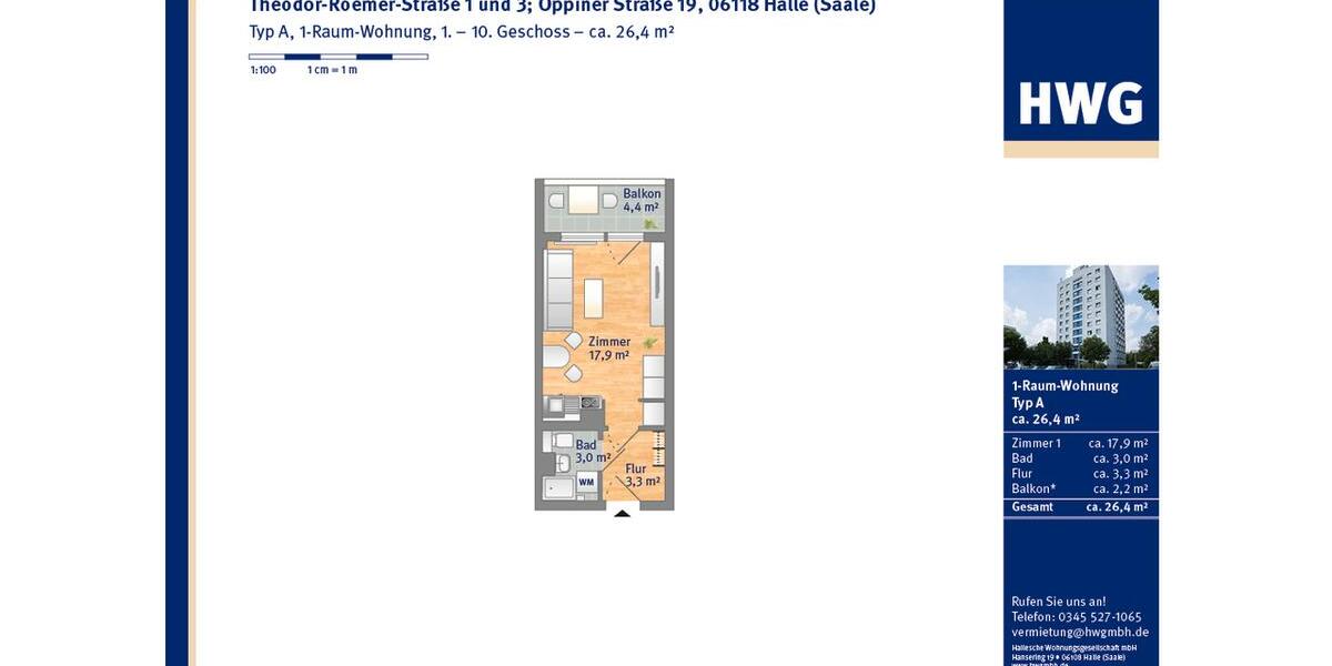 Etagenwohnung Halle (Saale) Frohe Zukunft - 1 Zimmer, 26 m&sup2;, 225&euro; | Angebot:25869818