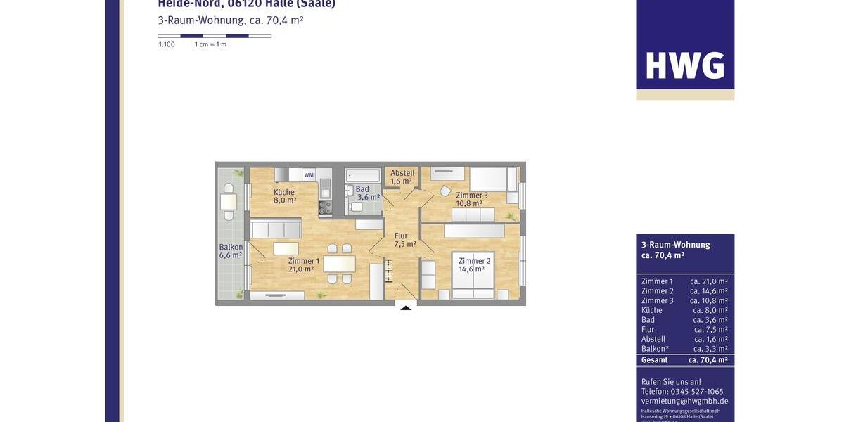 Etagenwohnung Halle (Saale) Dölau - 3 Zimmer, 70 m&sup2;, 443&euro; | Angebot:25436375