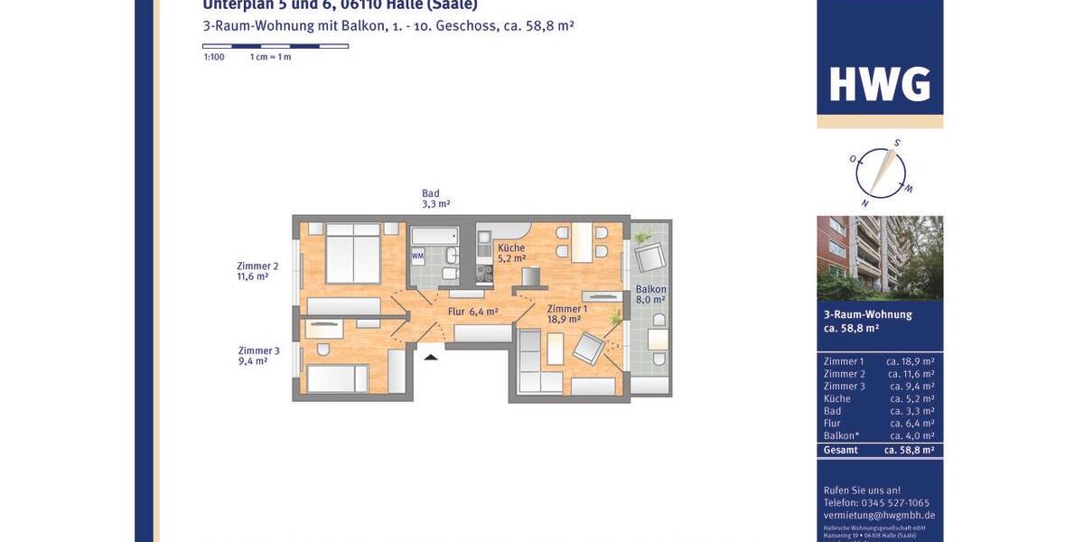 Etagenwohnung Halle (Saale) Damaschkestraße - 3 Zimmer, 59 m&sup2;, 503&euro; | Angebot:26638221