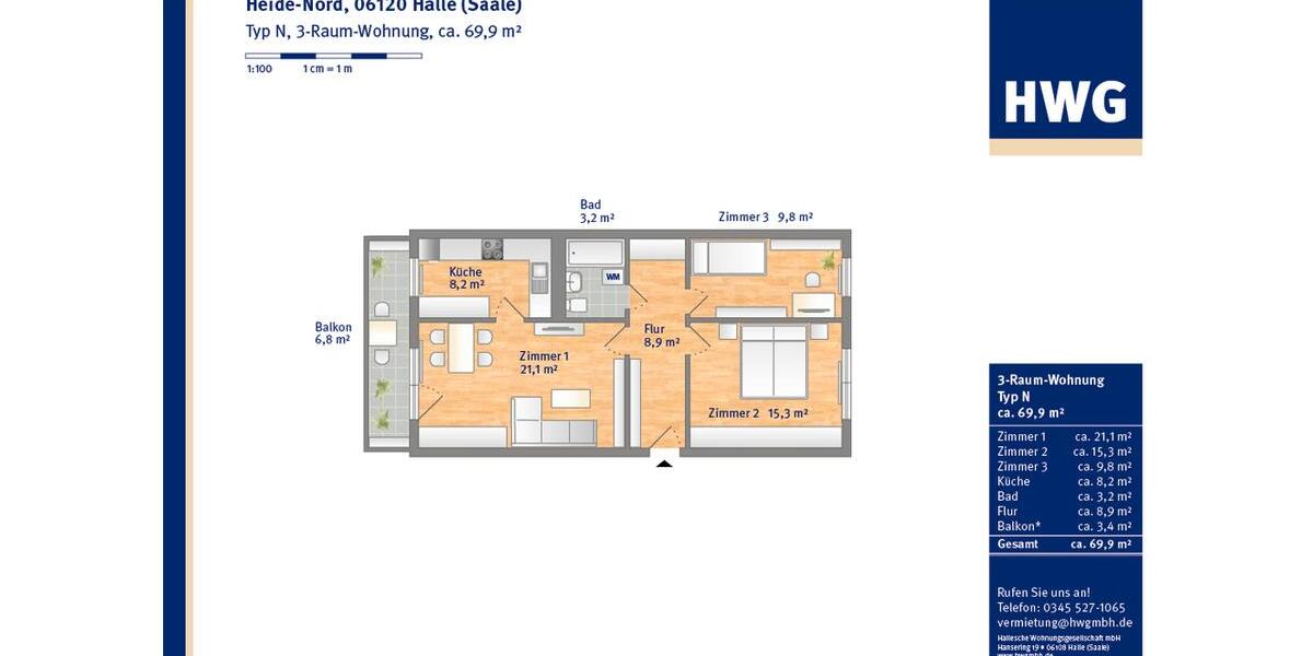 Etagenwohnung Halle (Saale) Dölau - 3 Zimmer, 70 m&sup2;, 401&euro; | Angebot:26624982