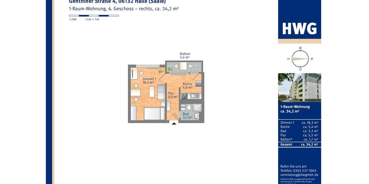 Etagenwohnung Halle (Saale) Silberhöhe - 1 Zimmer, 34 m&sup2;, 244&euro; | Angebot:26167925