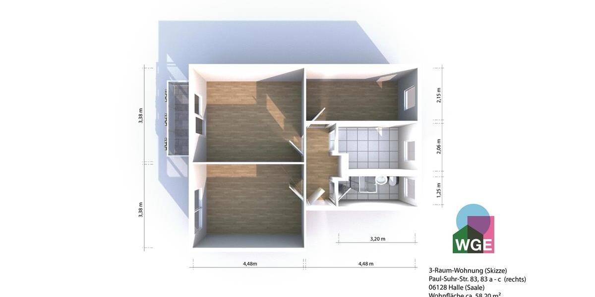 Etagenwohnung Halle (Saale) Damaschkestraße - 3 Zimmer, 58 m&sup2;, 410&euro; | Angebot:25473524