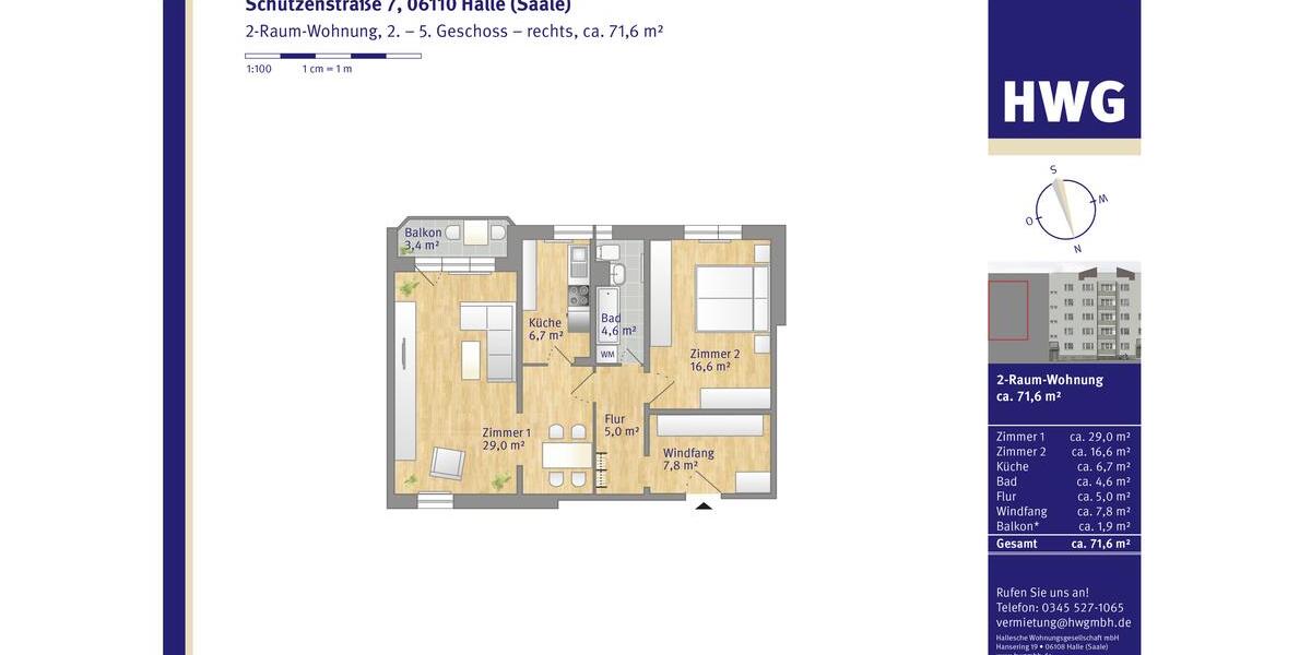 Etagenwohnung Halle (Saale) Damaschkestraße - 2 Zimmer, 72 m&sup2;, 572&euro; | Angebot:25484092
