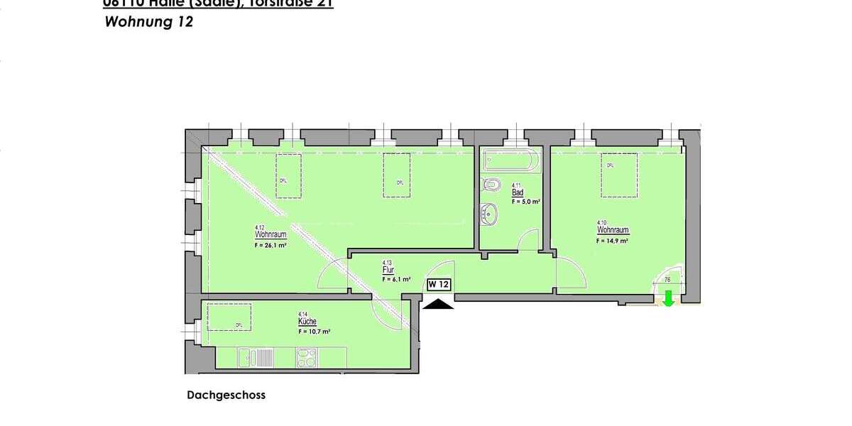 Etagenwohnung Halle Südliche Innenstadt - 2 Zimmer, 63 m&sup2;, 530&euro; | Angebot:26200267