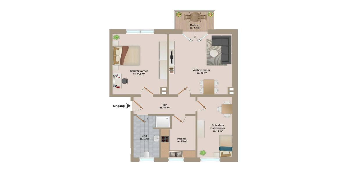 Etagenwohnung Bitterfeld-Wolfen Wolfen - 3 Zimmer, 59 m&sup2;, 599&euro; | Angebot:26001633
