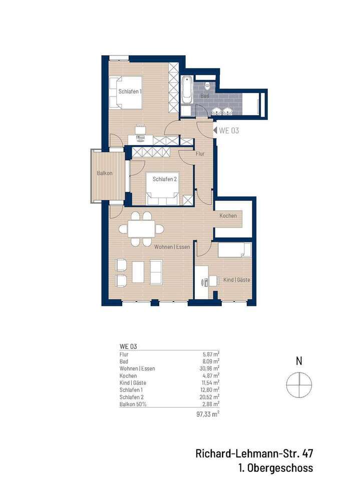 4-Raum-Wohnung in KfW40-Neubauprojekt in der Südvorstadt mit Balkon und Bad mit Wanne & Dusche
