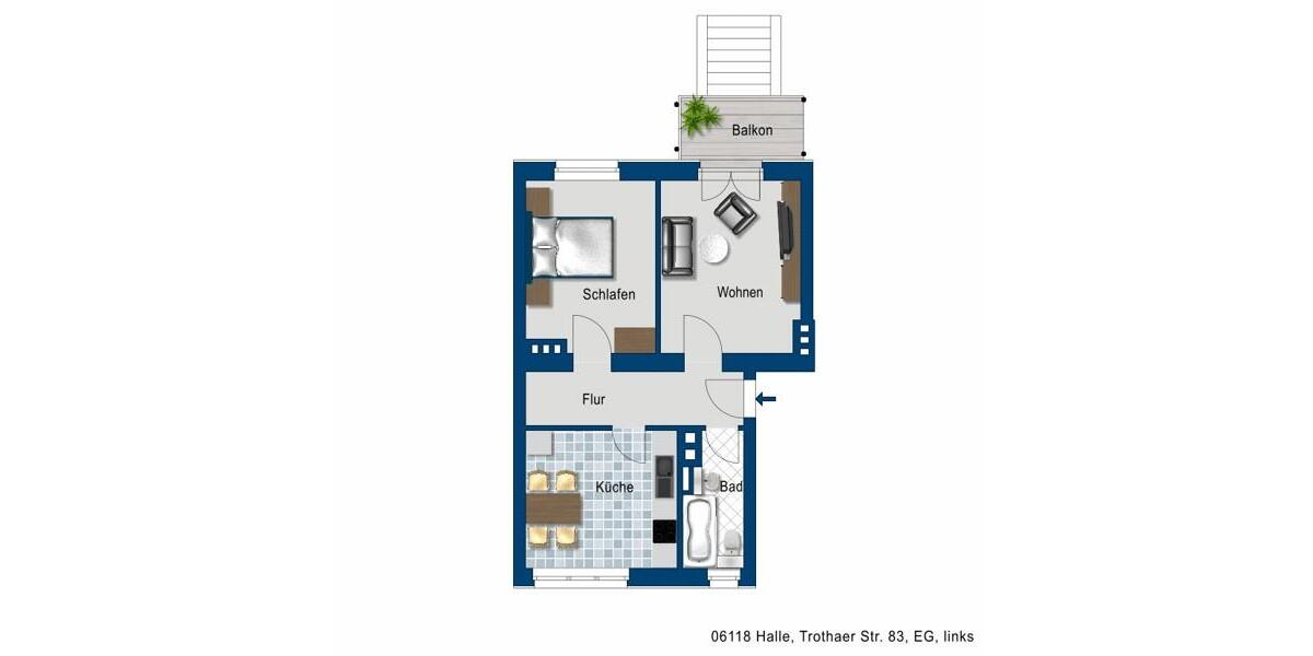 Erdgeschoßwohnung Halle (Saale) Frohe Zukunft - 2 Zimmer, 49 m&sup2;, 430&euro; | Angebot:25277635