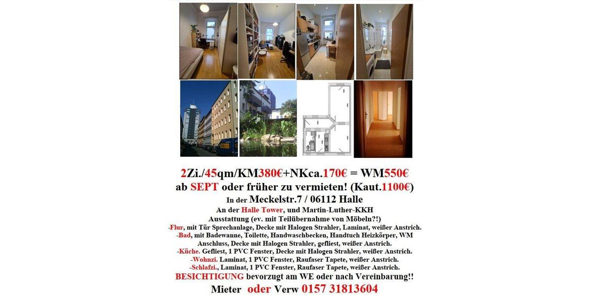 Etagenwohnung Halle (Saale) Büschdorf - 2 Zimmer, 45 m&sup2;, 380&euro; | Angebot:26661248