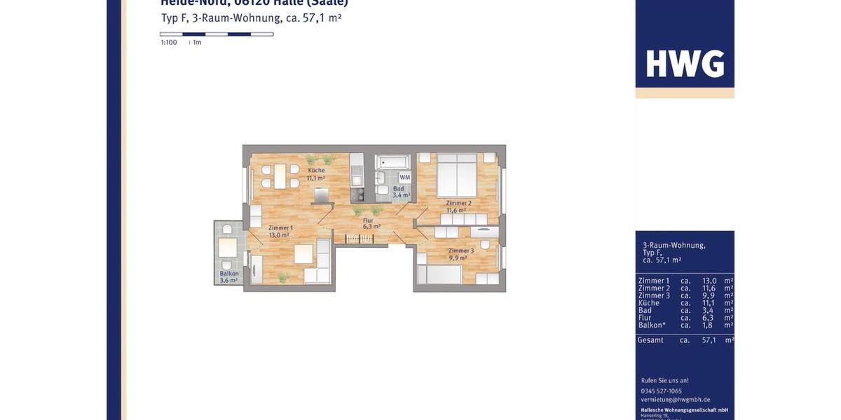 Etagenwohnung Halle (Saale) Dölau - 3 Zimmer, 57 m&sup2;, 377&euro; | Angebot:26624903