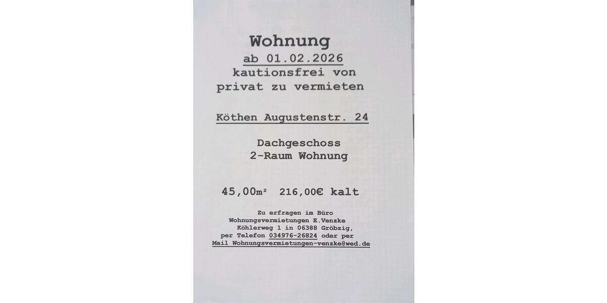 Dachgeschoßwohnung Südliches Anhalt Pfaffendorf - 2 Zimmer, 45 m&sup2;, 408&euro; | Angebot:25216856