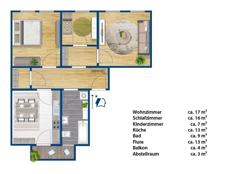 Etagenwohnung Halle (Saale) Damaschkestraße - 3 Zimmer, 81 m&sup2;, 649&euro; | Angebot:26338195