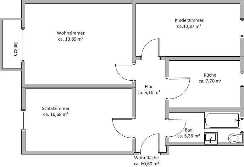 Etagenwohnung Bitterfeld-Wolfen Bitterfeld - 3 Zimmer, 60 m&sup2;, 425&euro; | Angebot:26918252