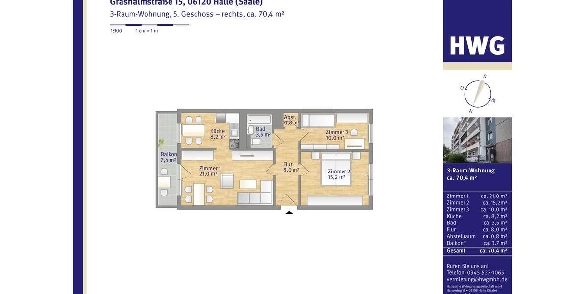 Etagenwohnung Halle (Saale) Dölau - 3 Zimmer, 70 m&sup2;, 423&euro; | Angebot:25892791