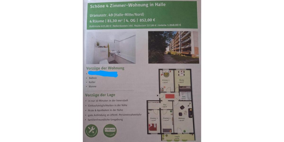 Etagenwohnung Halle (Saale) Frohe Zukunft - 4 Zimmer, 81 m&sup2;, 852&euro; | Angebot:25158025