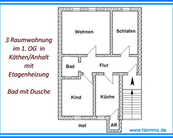 Mietwohnung 3 Zimmer,Küche,Bad in Köthen Nähe Krankenhaus - Etagenwohnung Köthen | Angebot:25367388